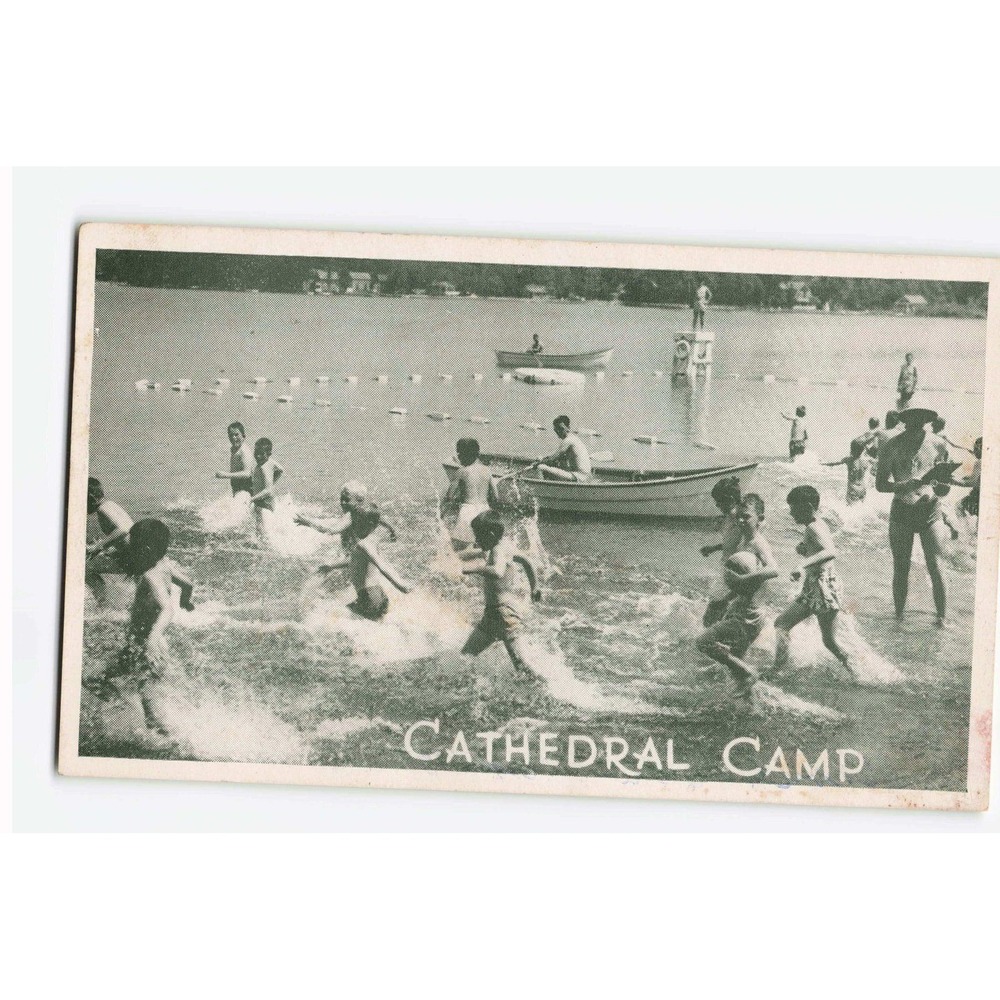 Vintage 1955 Cathedral Camp Postcard Swimming Scene 2 Cent John Adams Stamp